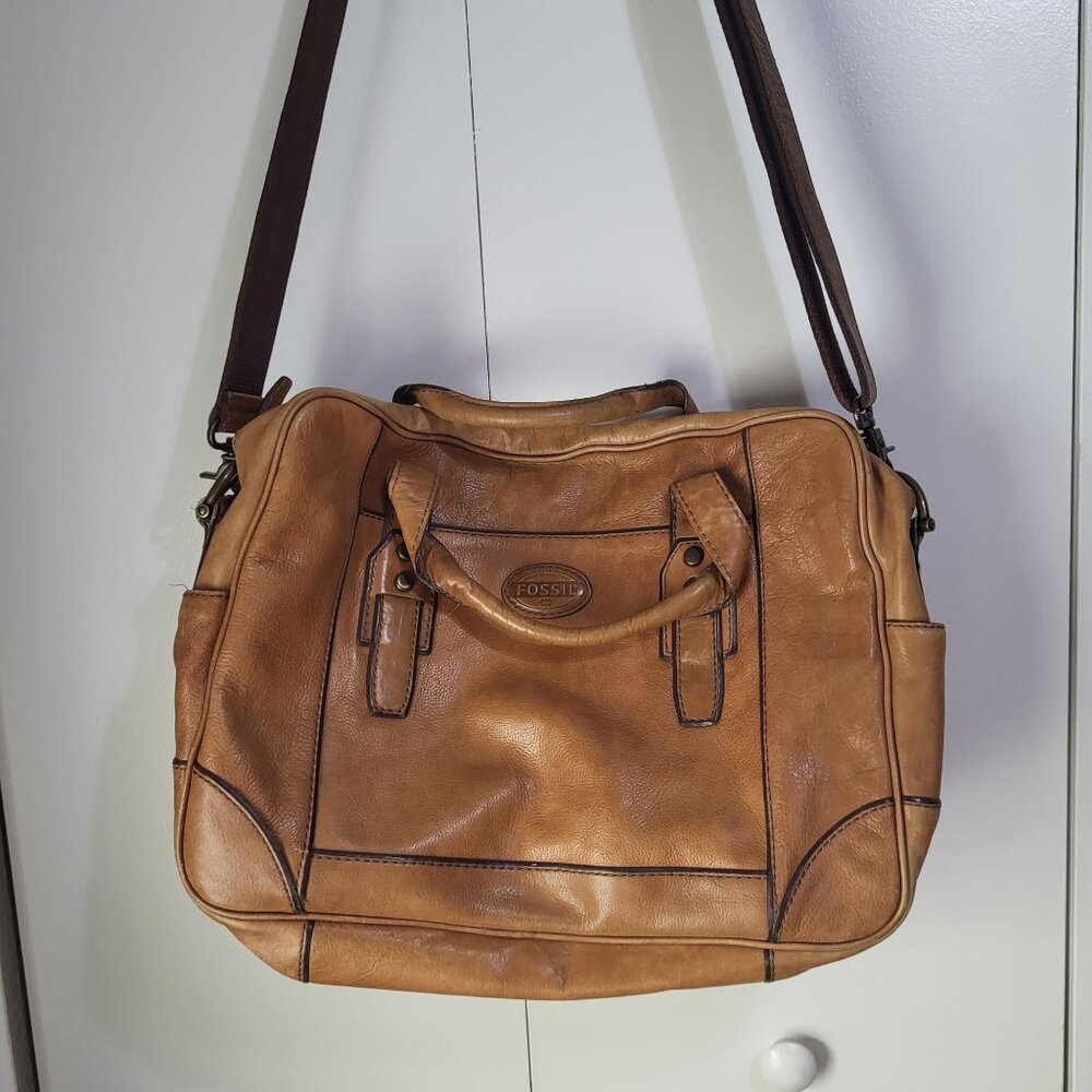 FOSSIL Brown Leather Laptop Bag Satchel  Messenger Shoulder Strap y2k acadamia - Picture 15 of 16